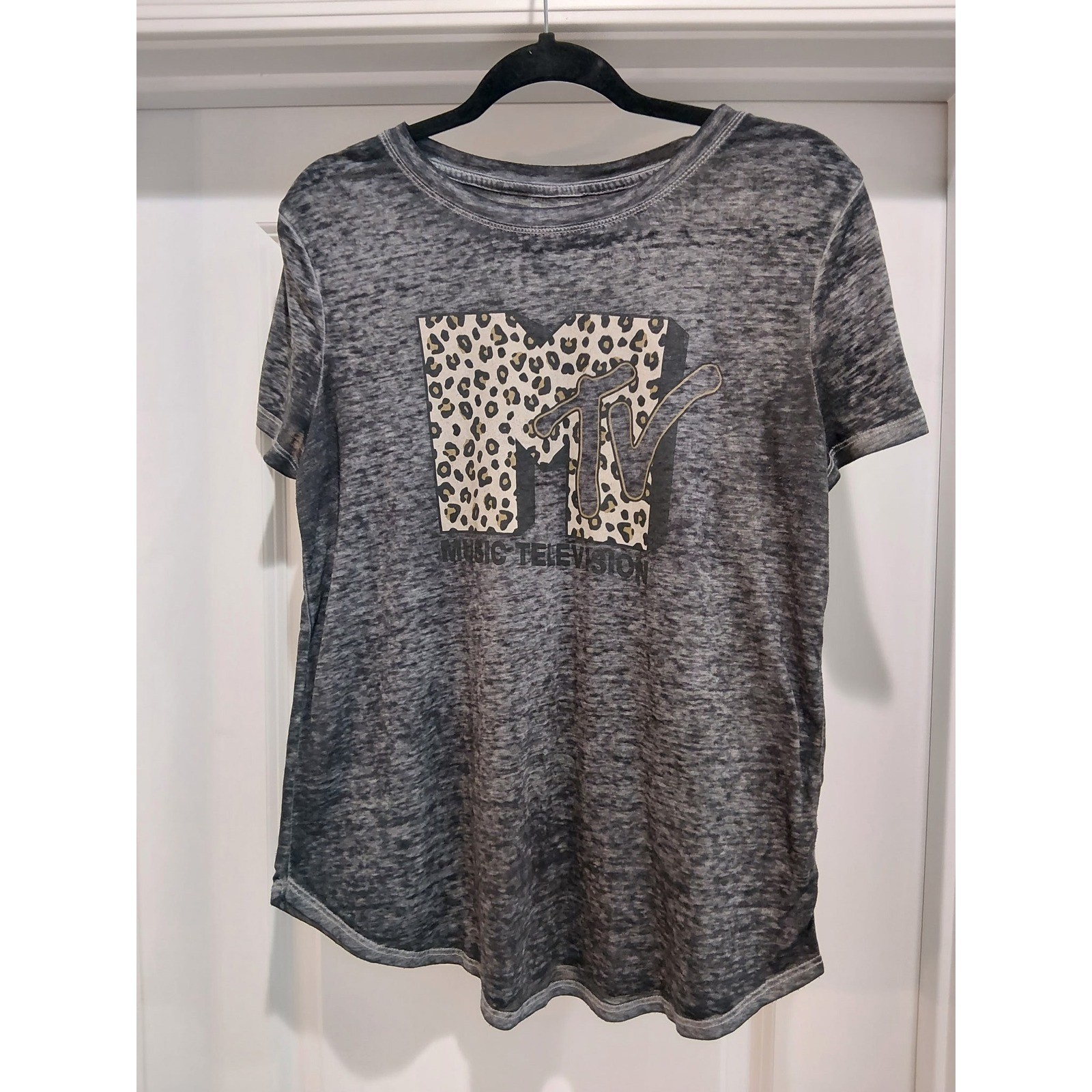 MTV Music Television Leopard Print Logo Graphic Tee Gray Burnout Shirt Medium