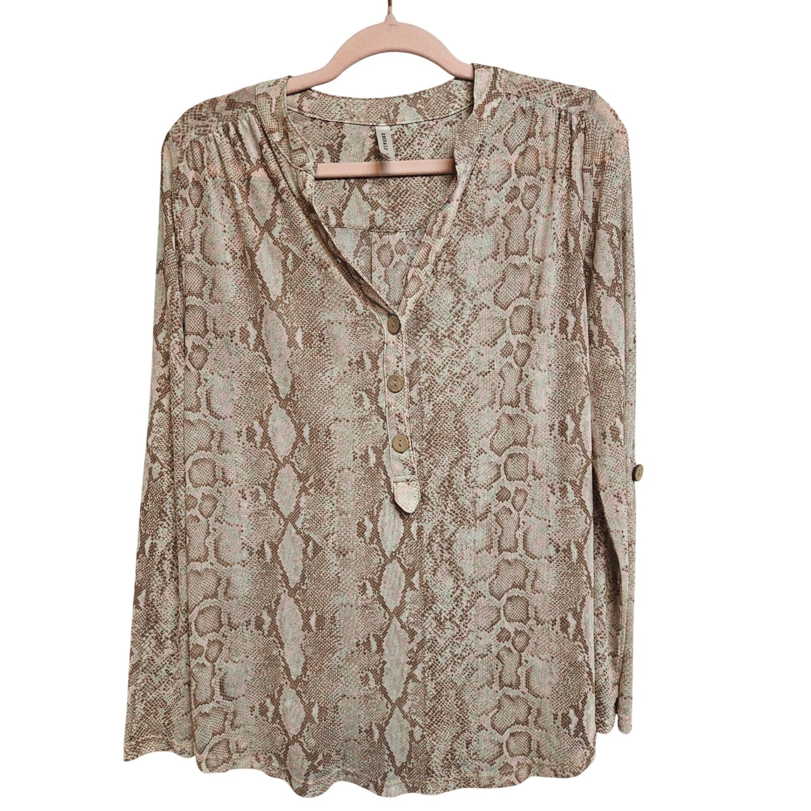 Emerald Womens Snakeskin Print Henley Blouse Tan Brown Roll Tab Sleeve Medium