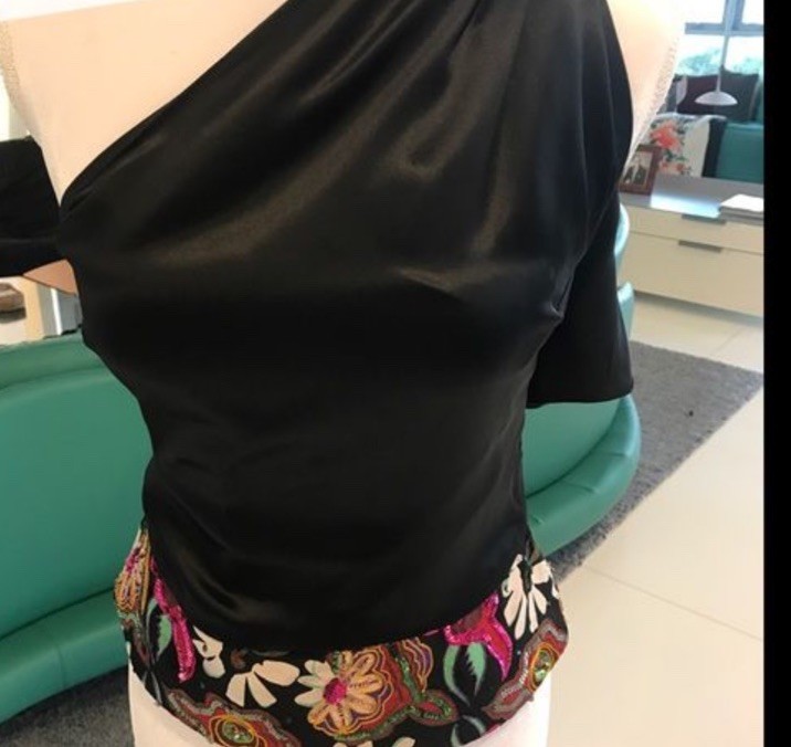 Ralph Lauren Black Silk One Shoulder Top Embellished Waist