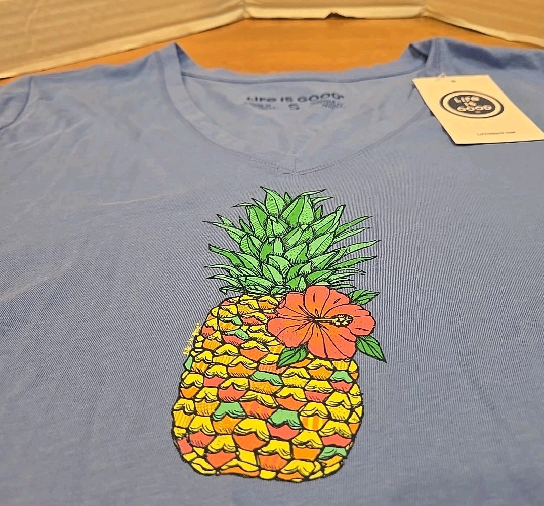 Life is Good Womens S V-Neck T-shirt Tropical Pineapple Hippy Gorpcore NWT
