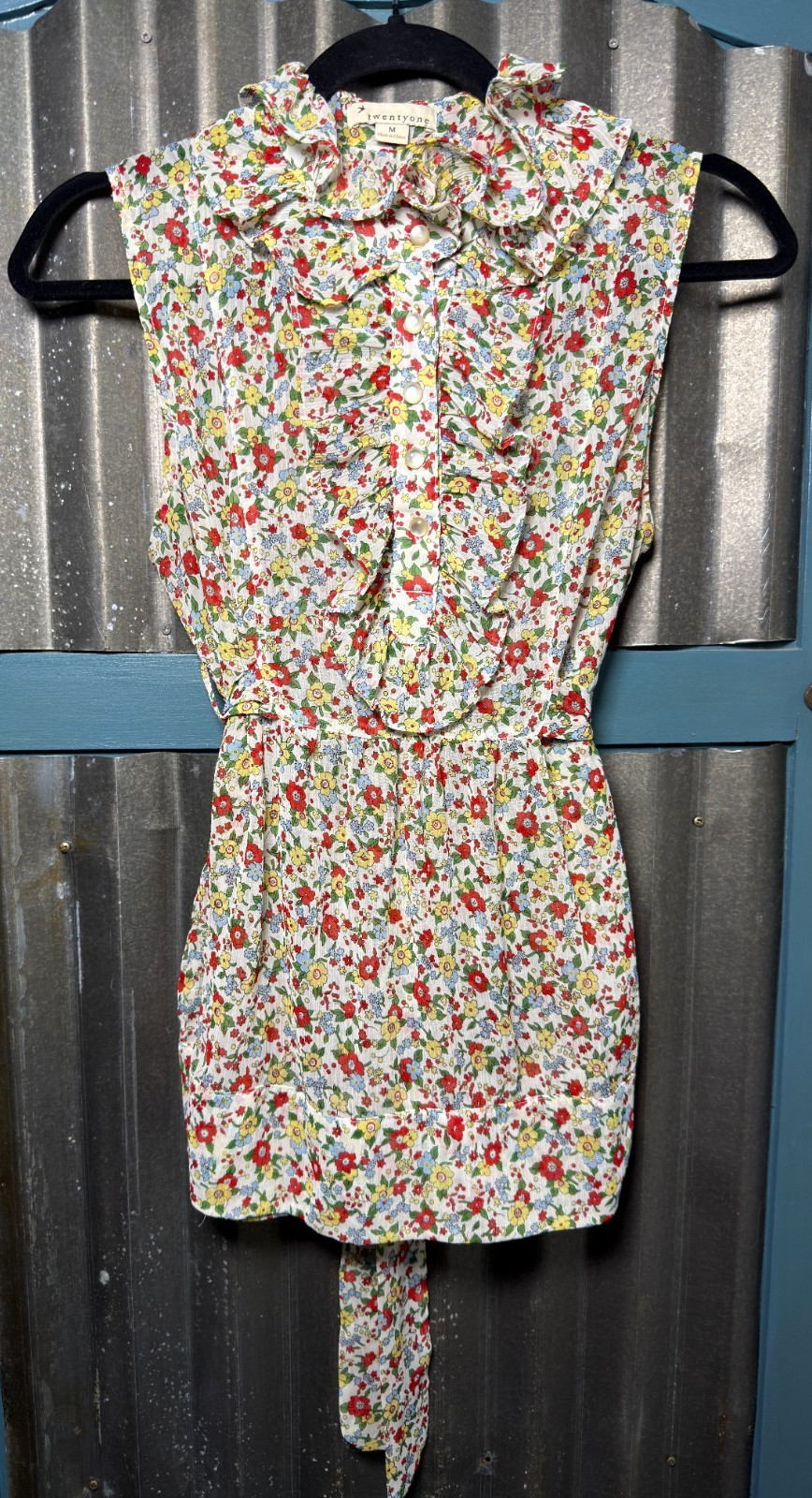 Twentyone Floral Ruffle Button Sleeveless Tie Waist Shirt Blouse Womens M Boho