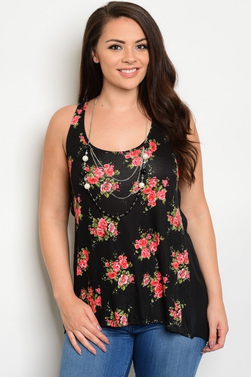 Womens Plus Size Black Floral Tank Top 1XL Sheer Back