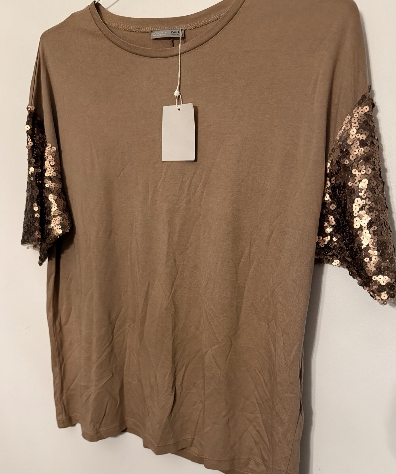 ZARA Trafaluc Sequin T-Shirt Tan Gold Bronze Short Sleeve Tee Women’s L Y2K