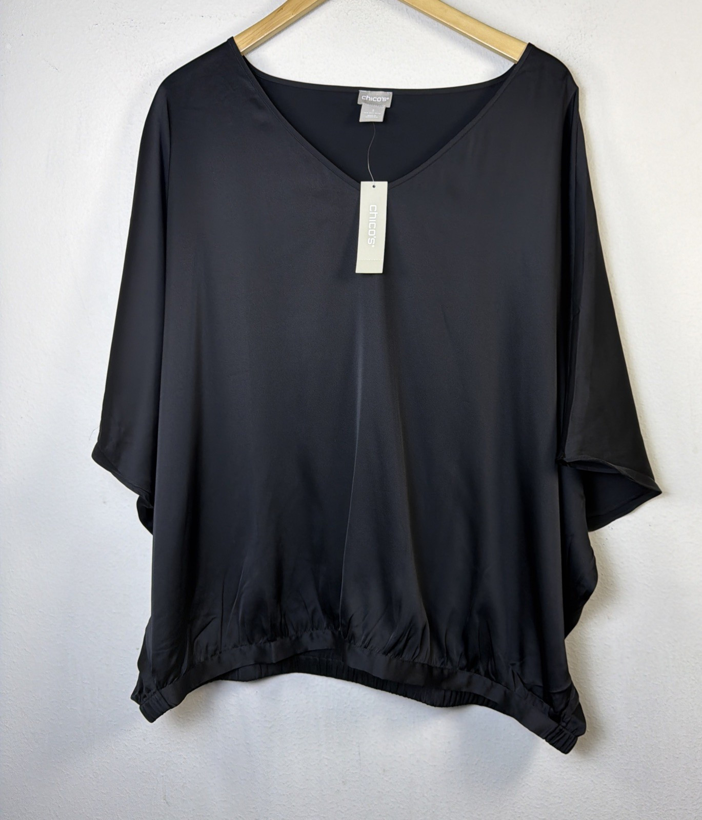 Chico’s Black Satin V-Neck Blouson Top Chico’s 3 XL 16 18 career party silky NWT