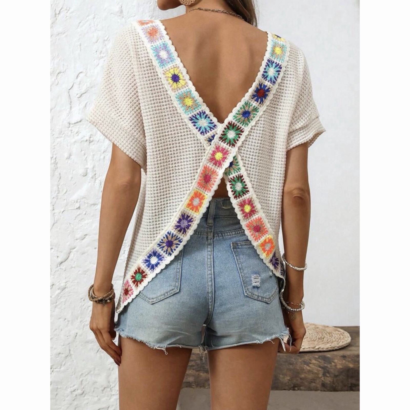 SHEIN Tan Colorful Loose Crochet Criss Cross Top Small