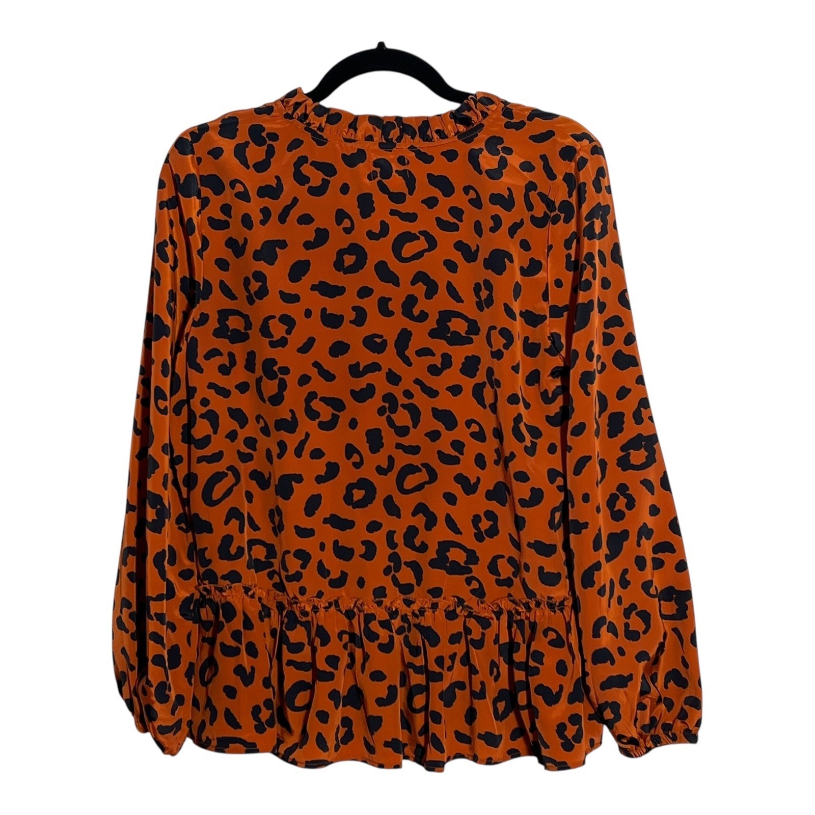 Mud Pie Womens Small Orange Black Leopard Print Ruffle Peplum Blouse Long Sleeve