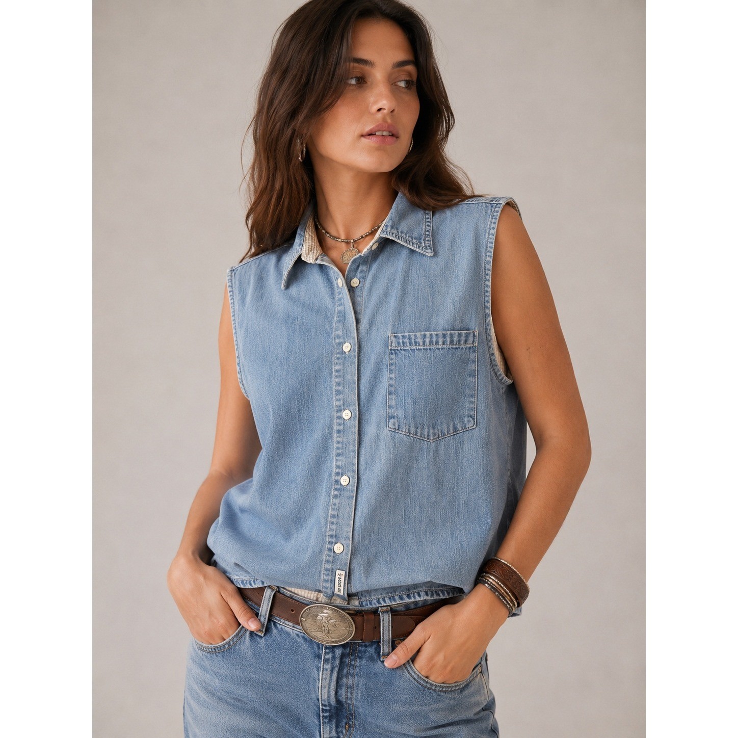 Route 66 Y2K Boho Western Cowgirl Sleeveless Denim Shirt XL Light Wash Cotton