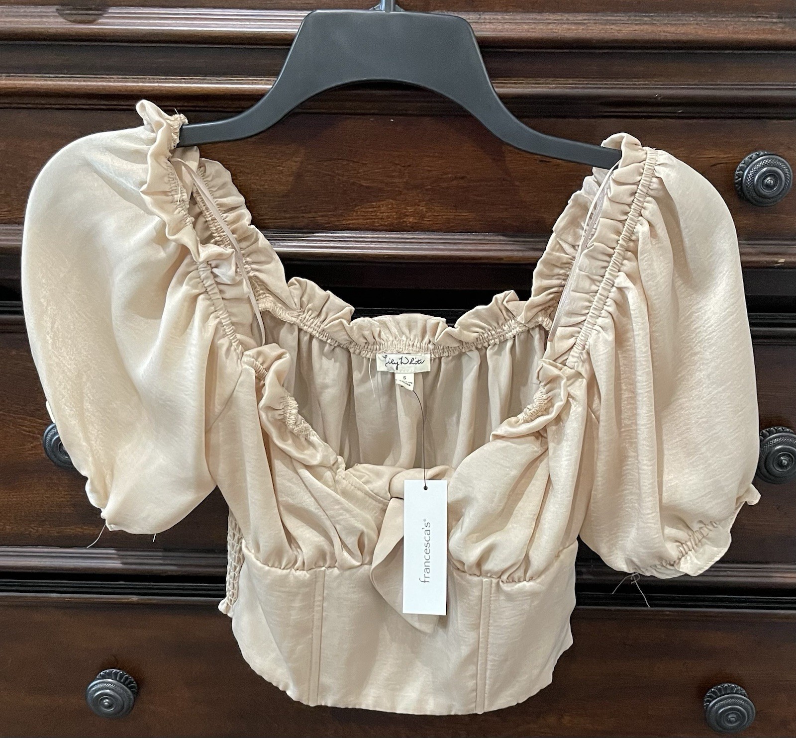 Lily White Women’s Beige Puff Sleeve Corset Peasant Crop Top Tie Front Small NWT