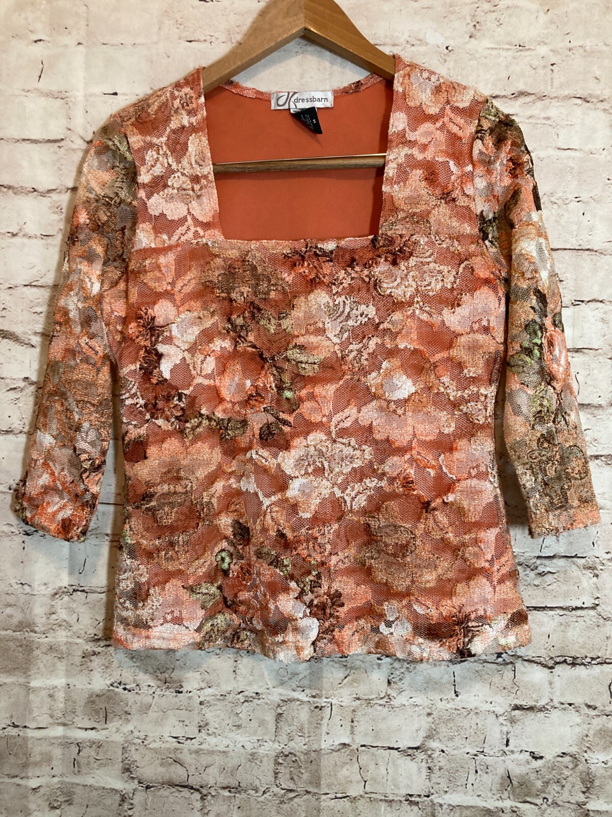 Dressbarn Top Womens Medium Peach & Pink Floral Floral Mesh Square Neck Dainty