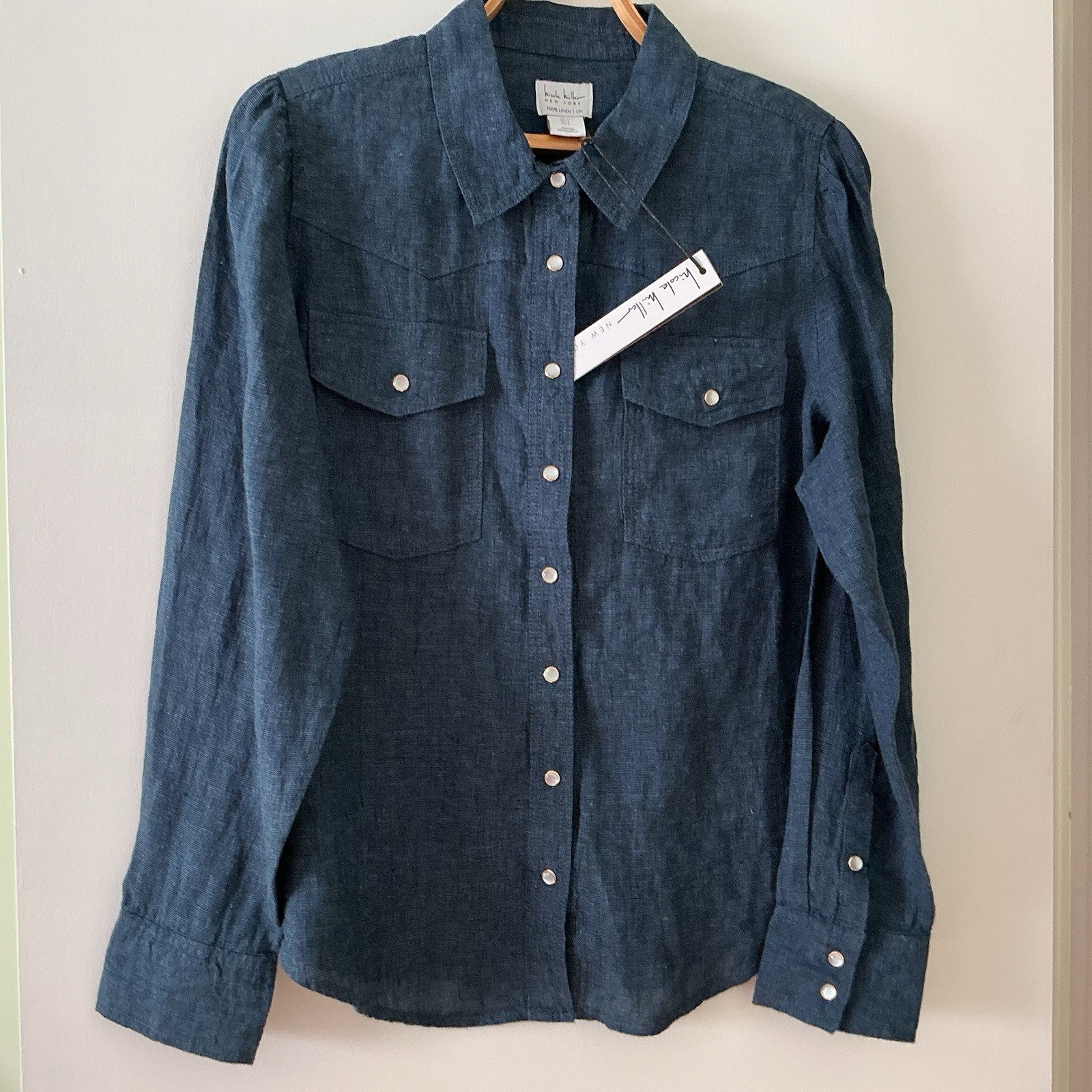 Nicole Miller NY Navy 100% Linen Blouse Button-up Western Long Slv Shirt NWT L