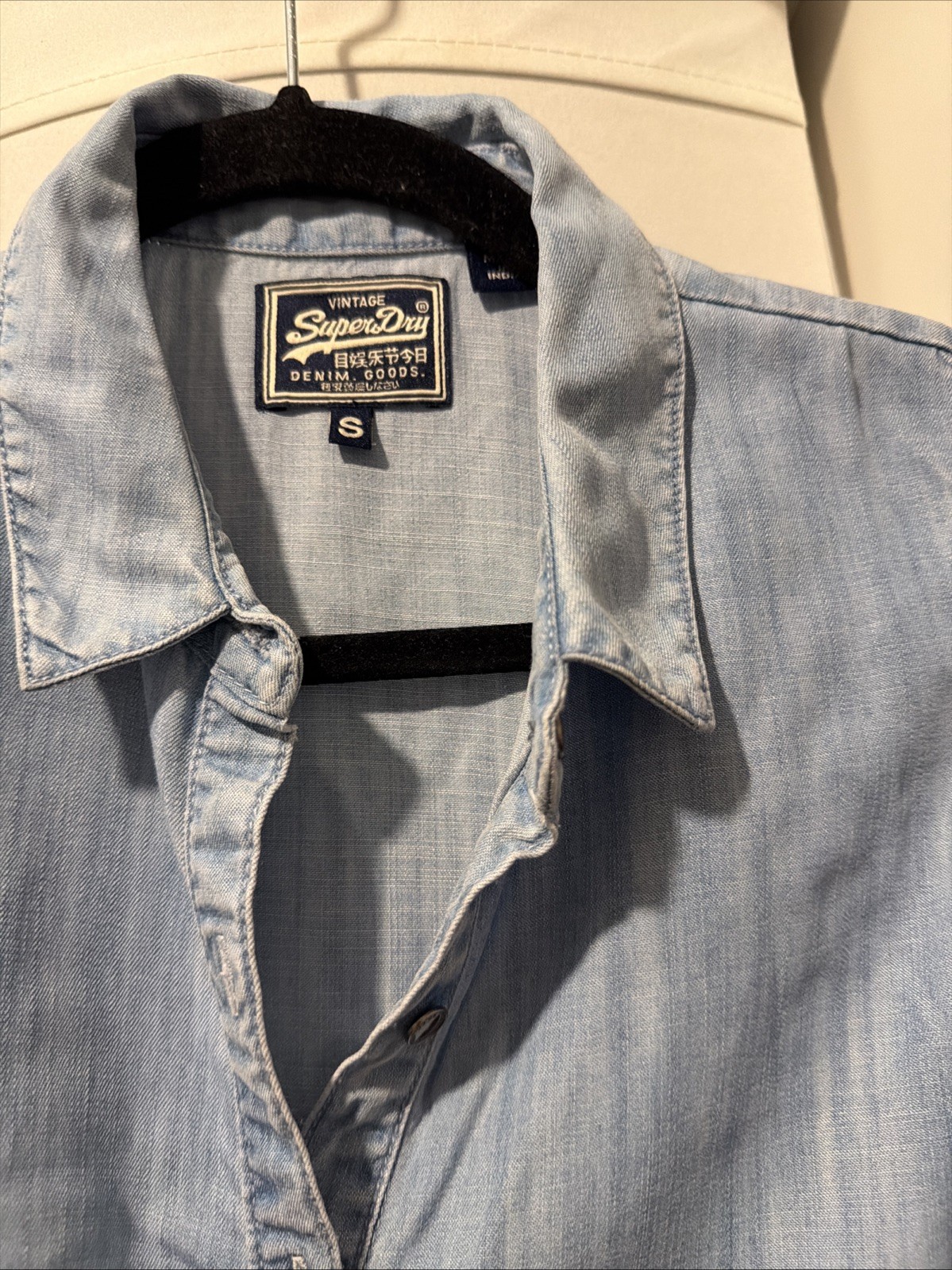 Superdry Women’s Light Blue Wash Denim Cold Shoulder Shirt Button Up Top Size S