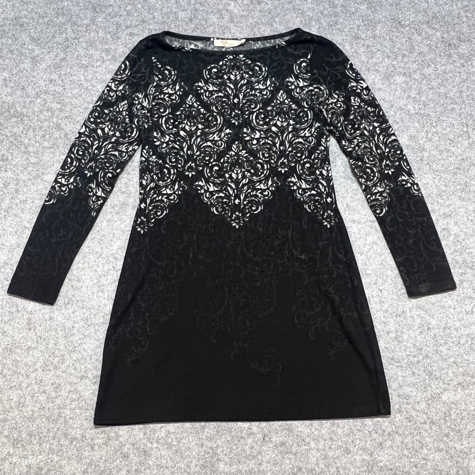 Baroque Damask Print Long Sleeve Sheath Tunic Mini Dress Black White Size Large