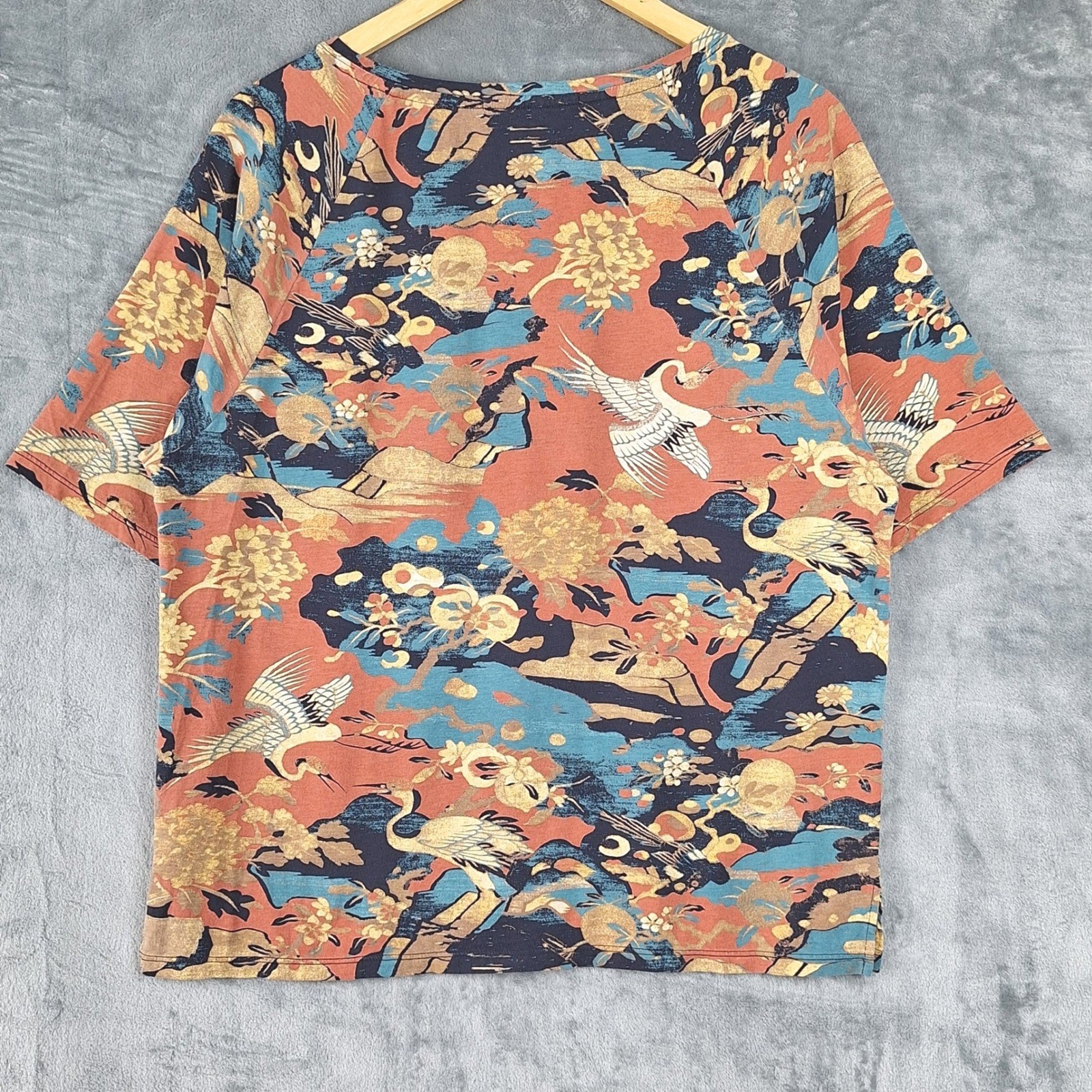 Peruvian Connection Top XS/S Pima Cotton Asian Cranes Floral Artsy Casual Tee