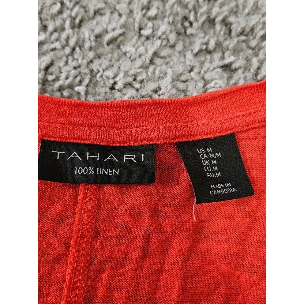 Tahari Women Coral Orange 100% Linen V-Neck Short Sleeve Top Size Medium