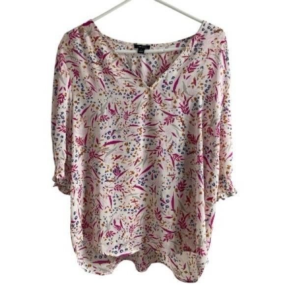 Ann Taylor Factory Floral V-Neck Smocked Cuff Blouse Pink Purple White Large