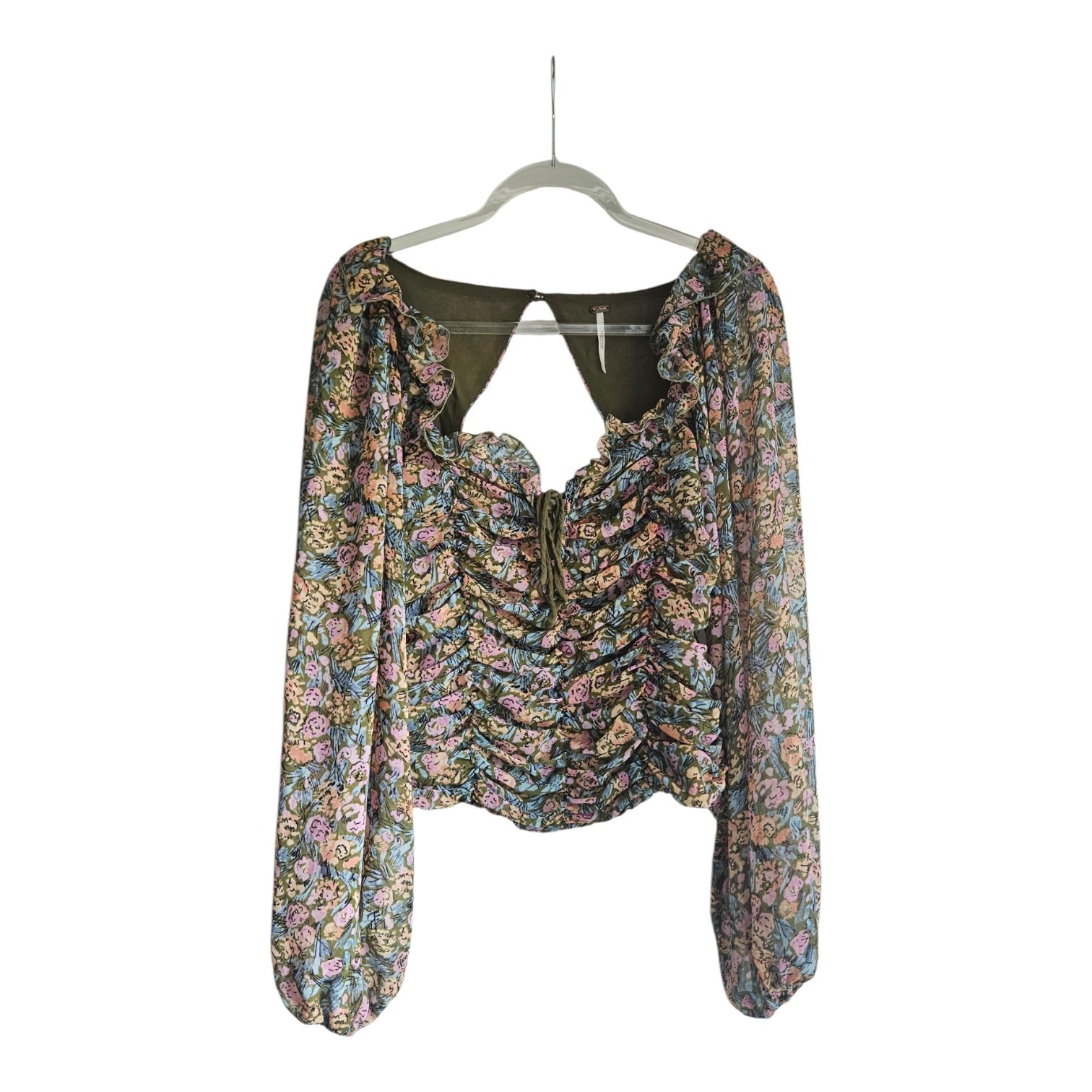 Free People Mabel Smocked Peasant Blouse Floral Garden Womens Size L Back Cutout