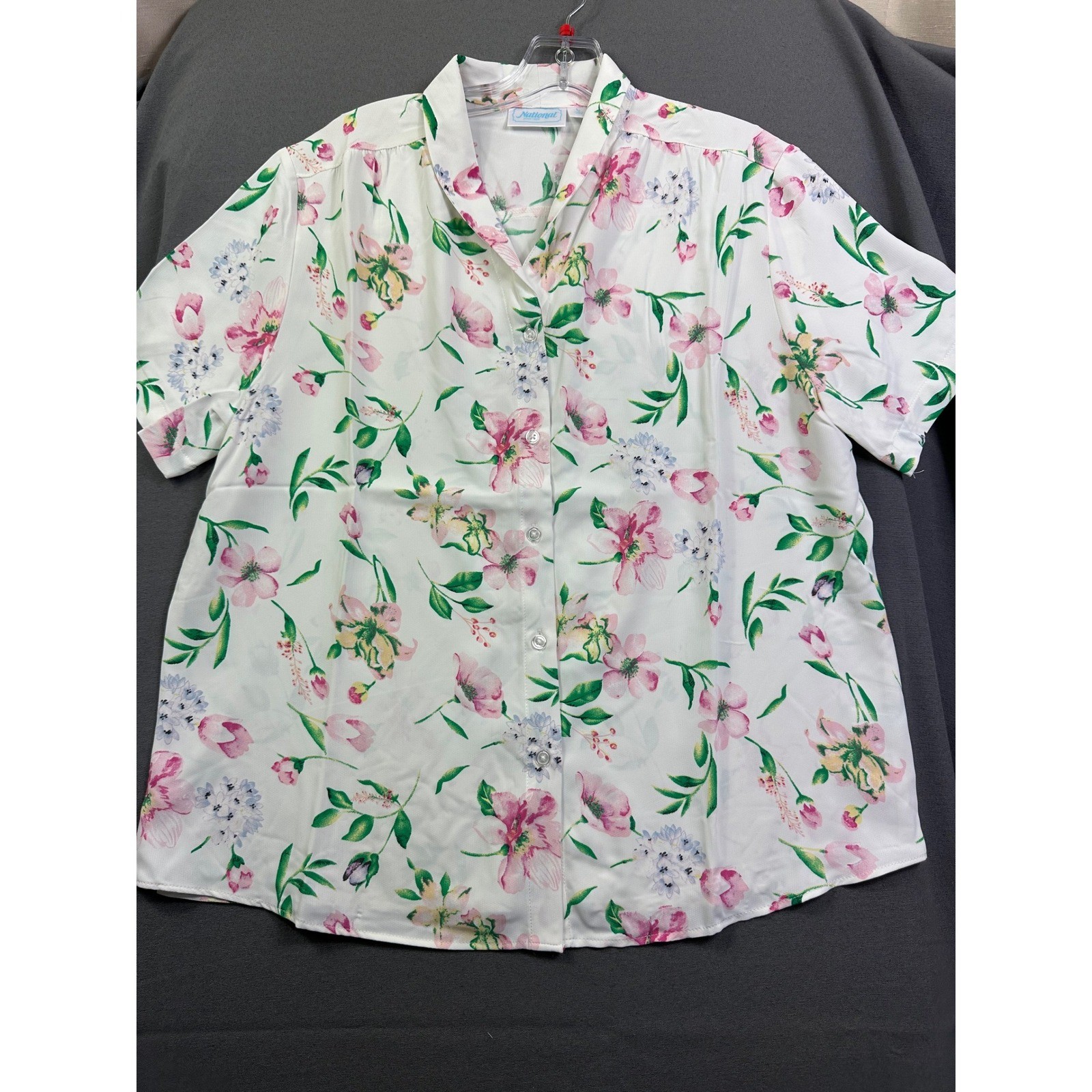 National Women Floral Button Down Blouse Short Sleeve Pink White Garden Print L