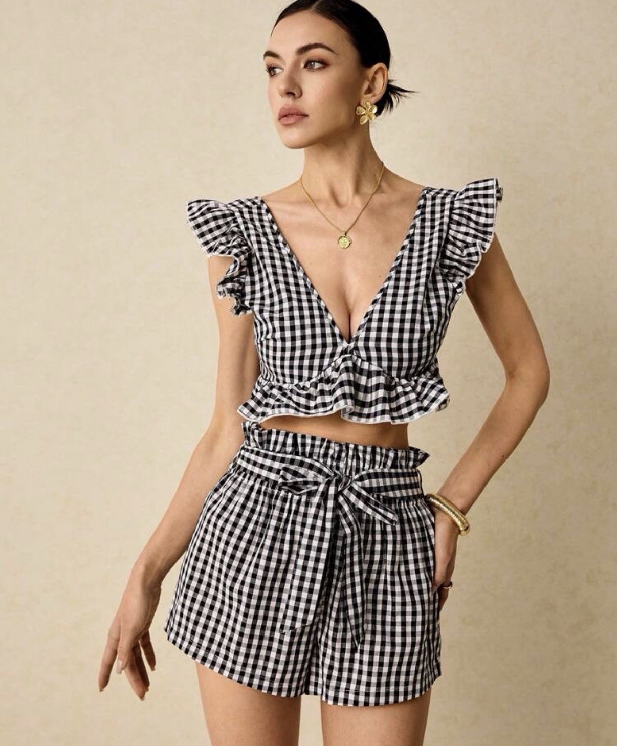 New Cotton Gingham Women’s Small Smocked Ruffle Tie Back Crop Top Black White