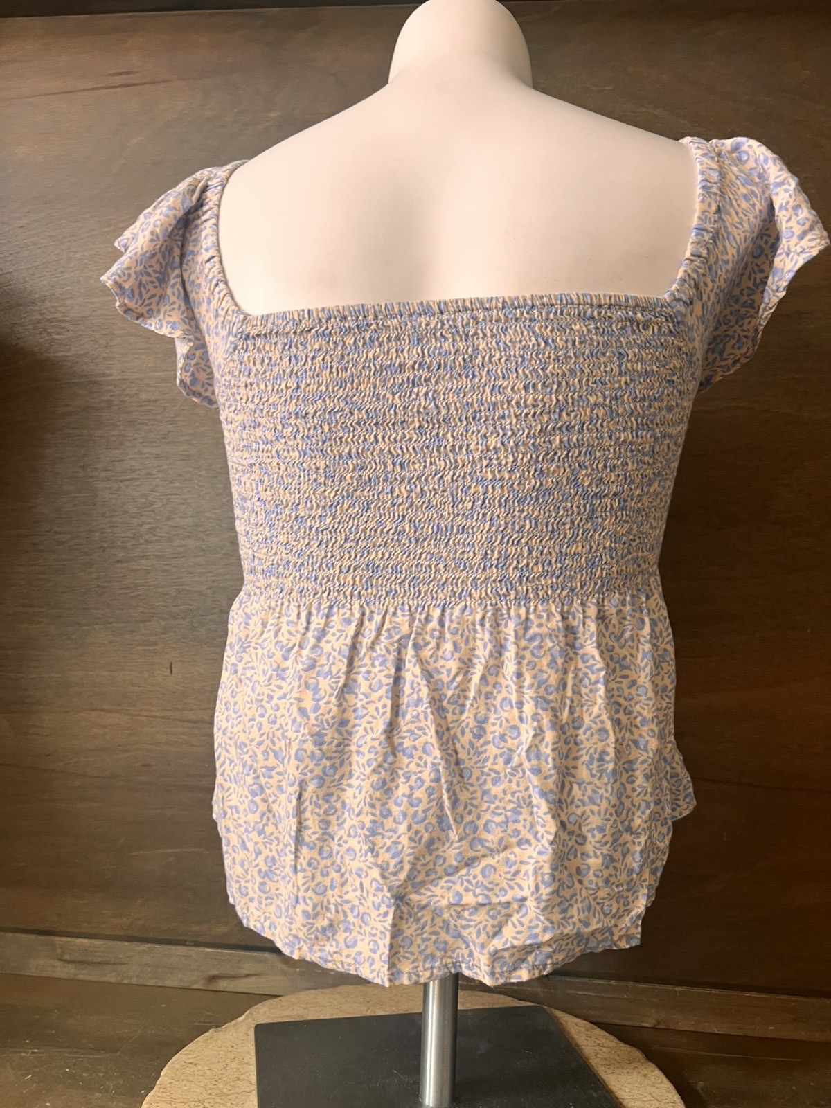 Japna BLUE Floral Ruched Crop Top RUFFLE Sleeve Smocked Romantic Womens Size M
