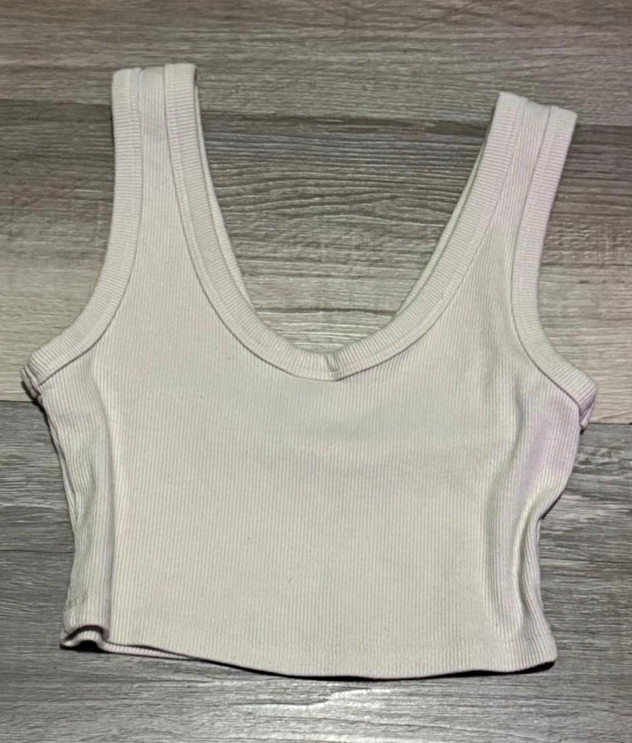 Women’s Beige Ribbed Knit V-Neck Cropped Tank Top Wide Strap Stretch XS