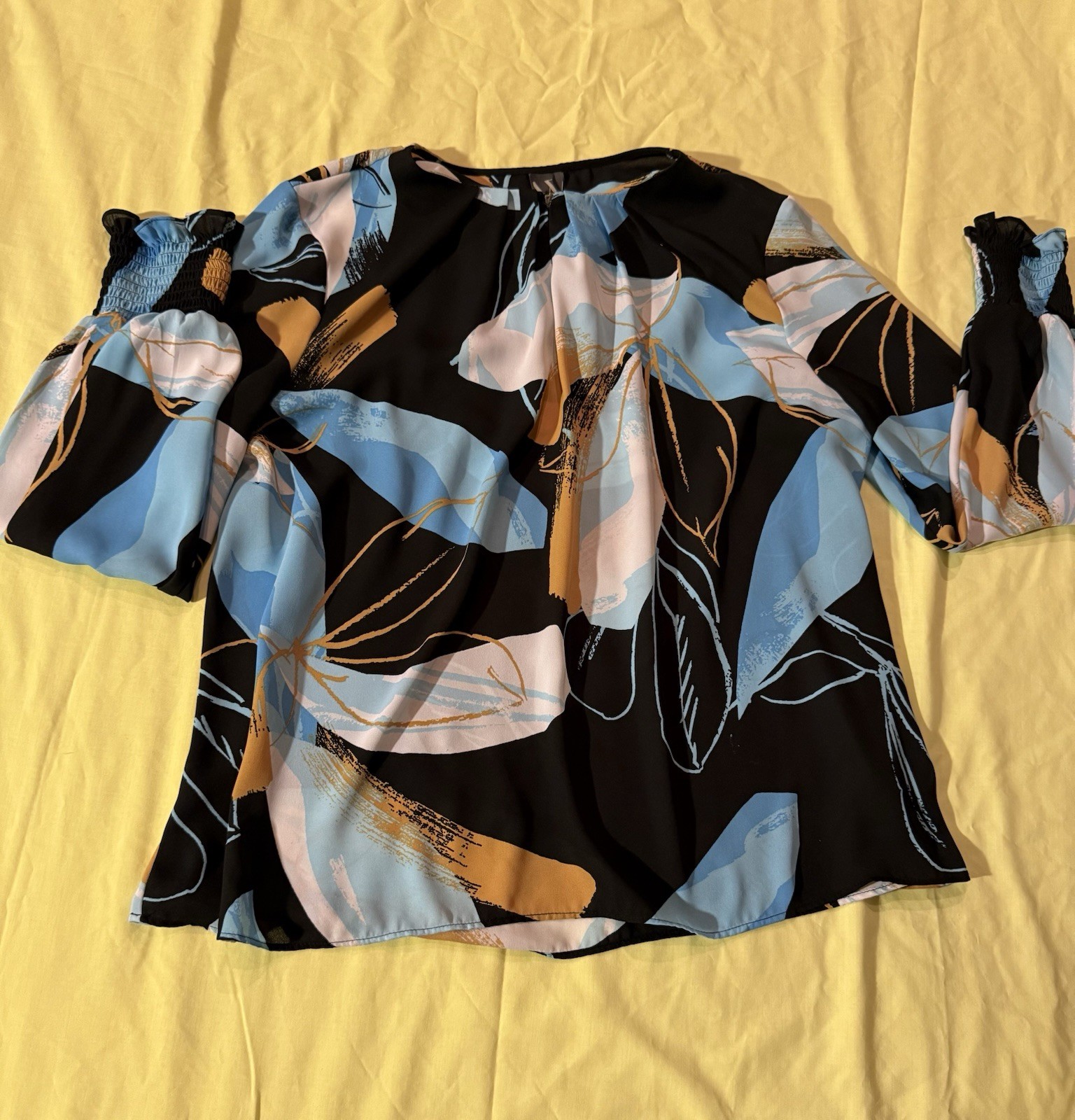 Black Floral Abstract Long-Sleeve Blouse with Blue & Tan Accents WORTHINGTON XL