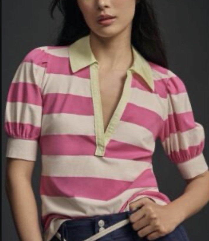Maeve Pink White Light Green Striped Collared Polo Puff Sleeve Knit Top S