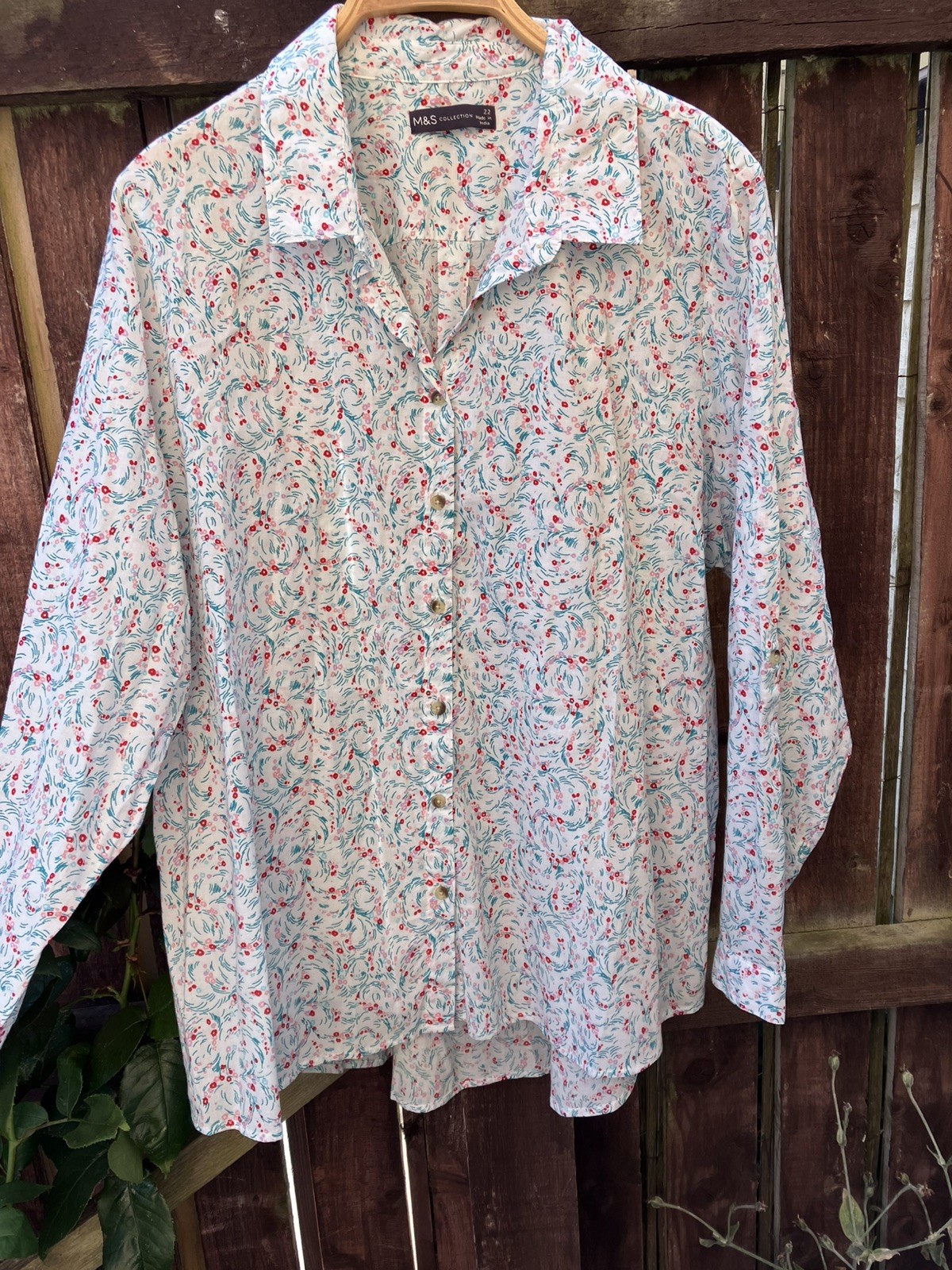 M&S Collection Floral Cotton Blouse UK22 White/Pink/Red Roll Tab Sleeve Pleats