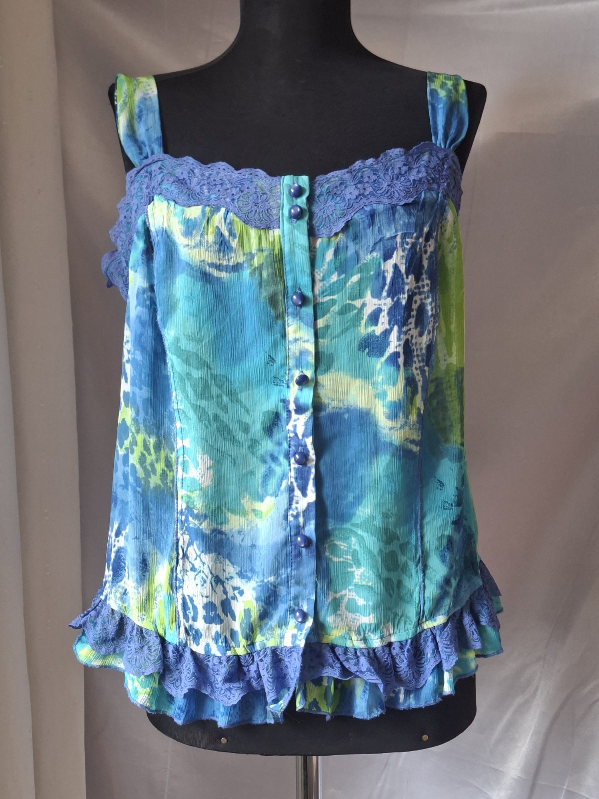 Y2K Per Una Festival Ruffle Hem Boho Fairy Cami Top Lace Trim Blue Green Tunic