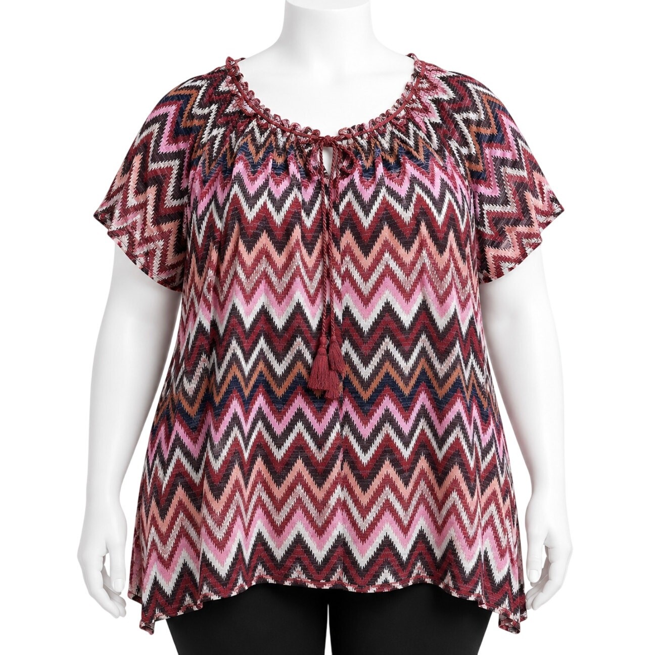 Faded Glory Blouse Plus 1X 16W Pink Brown Zigzag Peasant Boho Short Sleeve