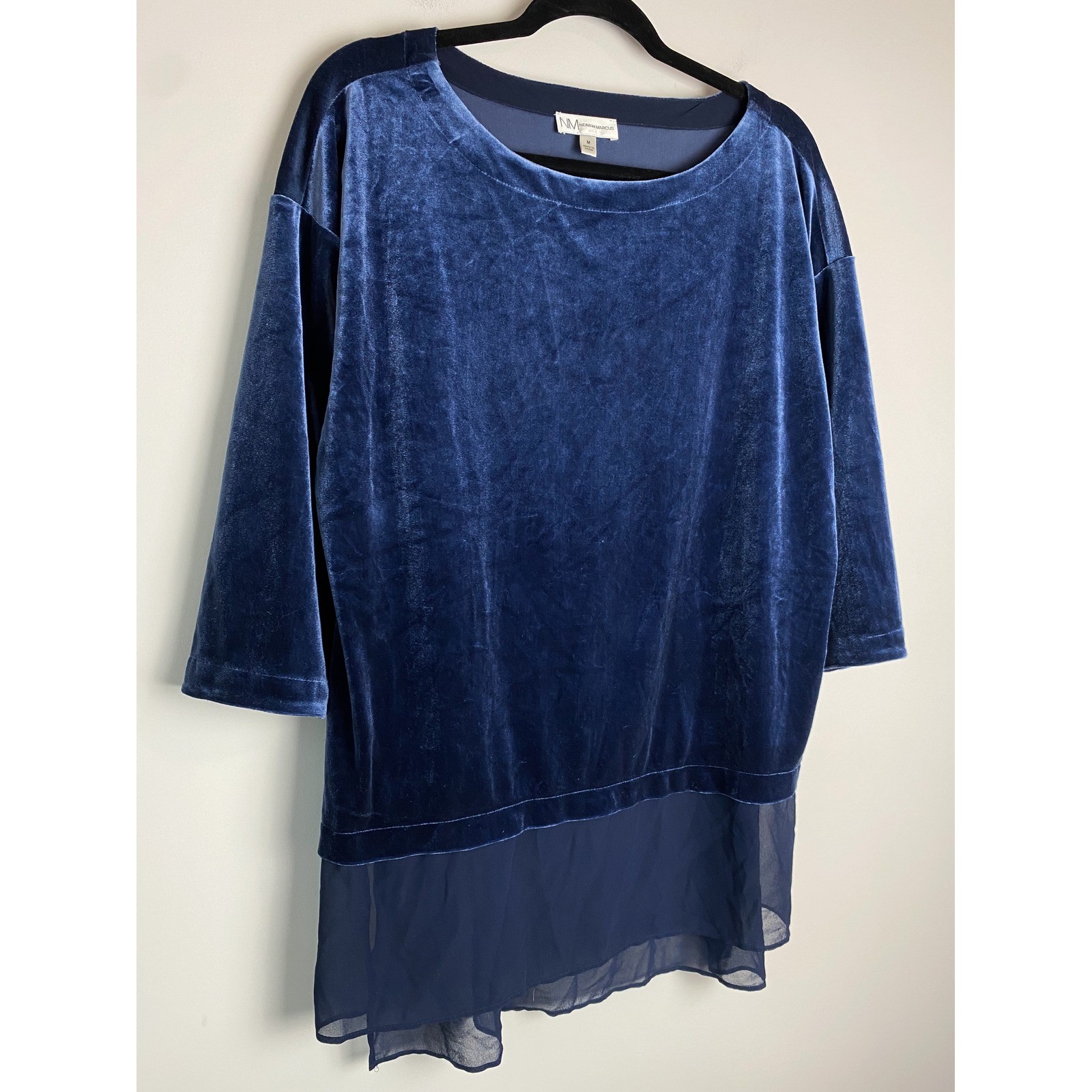 Neiman Marcus Womens Velvet Sheer Hem Tunic Top M Navy Chiffon Holiday Office