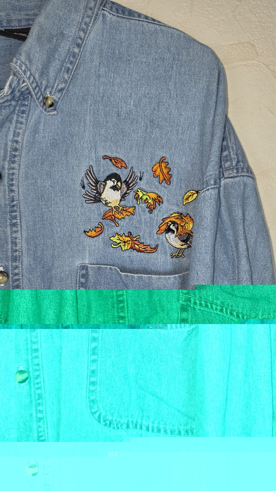 Light Wash Denim Button Down Shirt with Fall Embroidery plus size 3xl