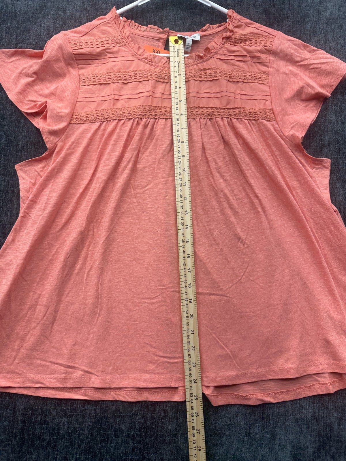 Ella Moss Blouse Top Womens 2XL Orange Lace Trim Knit Ruffle Neck Keyhole Back