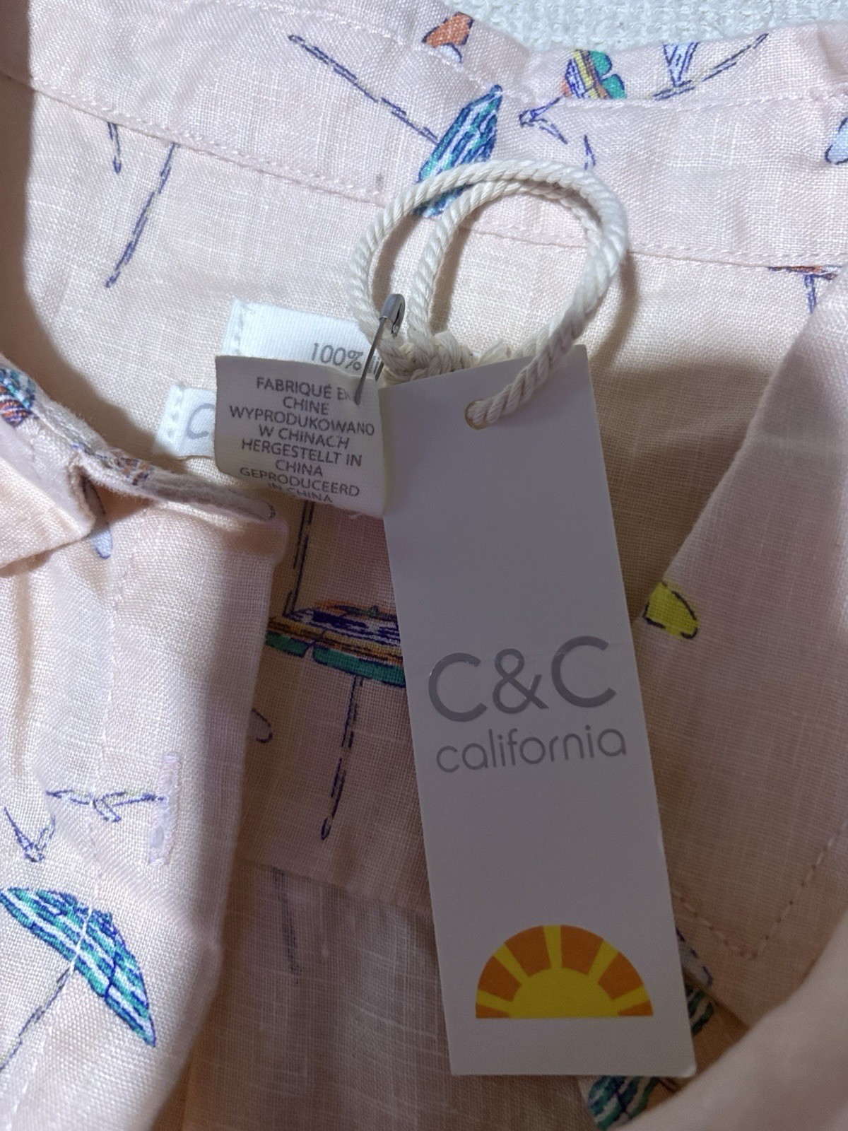 C&C California 100% Linen Button Up Shirt Pink Umbrella Seagulls Print Womens M