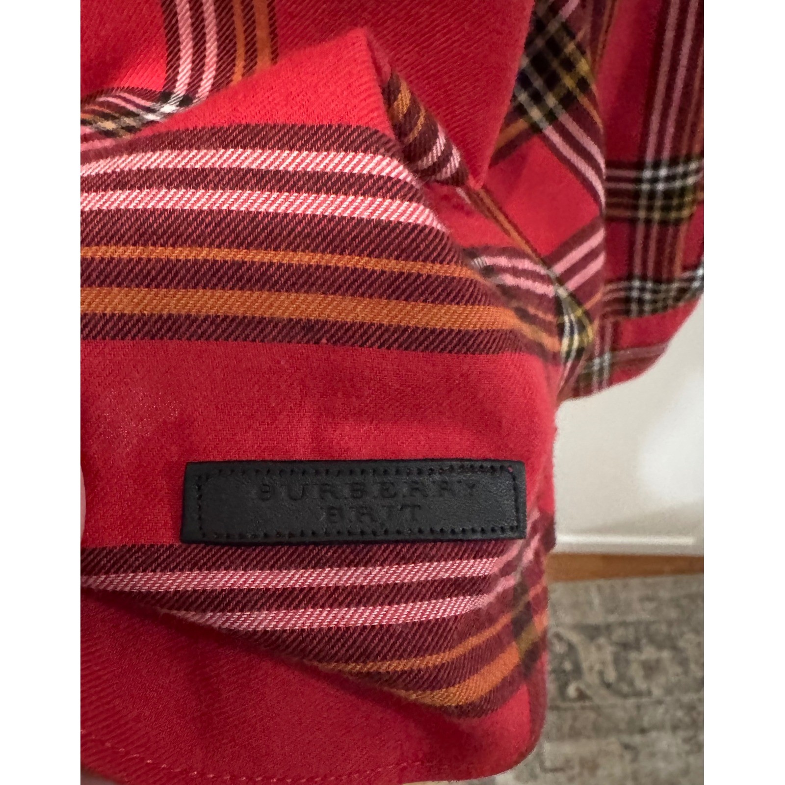 Burberry Brit Womens Red Plaid Flannel Button Down Shirt XL Cotton Leather Patch