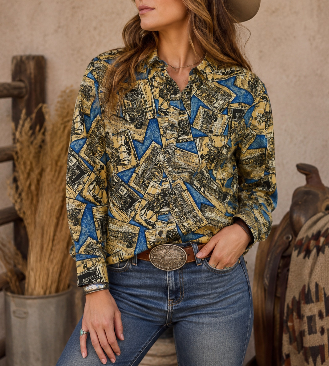 Vintage Ruddock Bros Shirt Women L Blue Graphic Western Horse Cotton Cowgirl USA