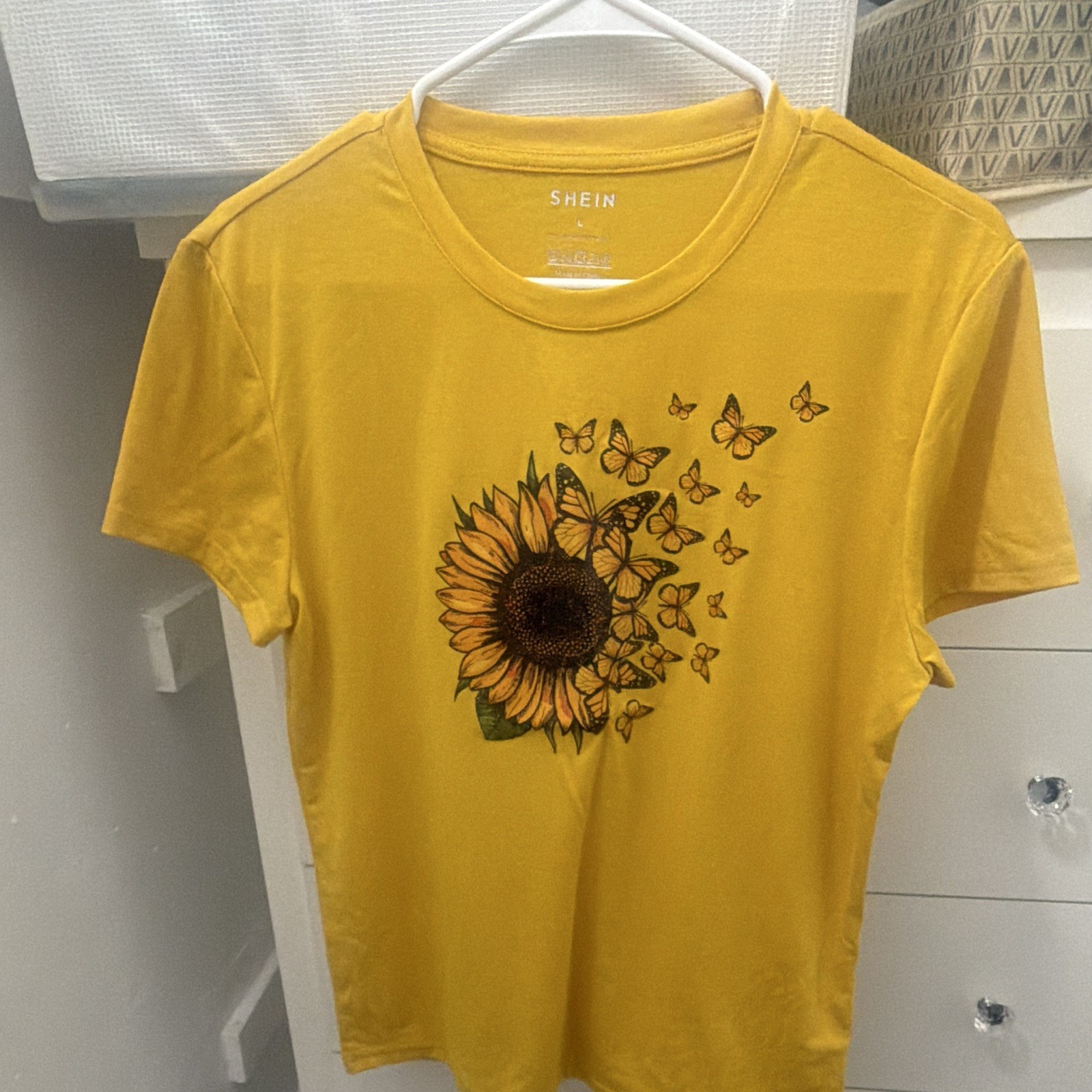 SHEIN Yellow Sunflower Butterfly Graphic Crew Neck Short Sleeve Cotton Tee L