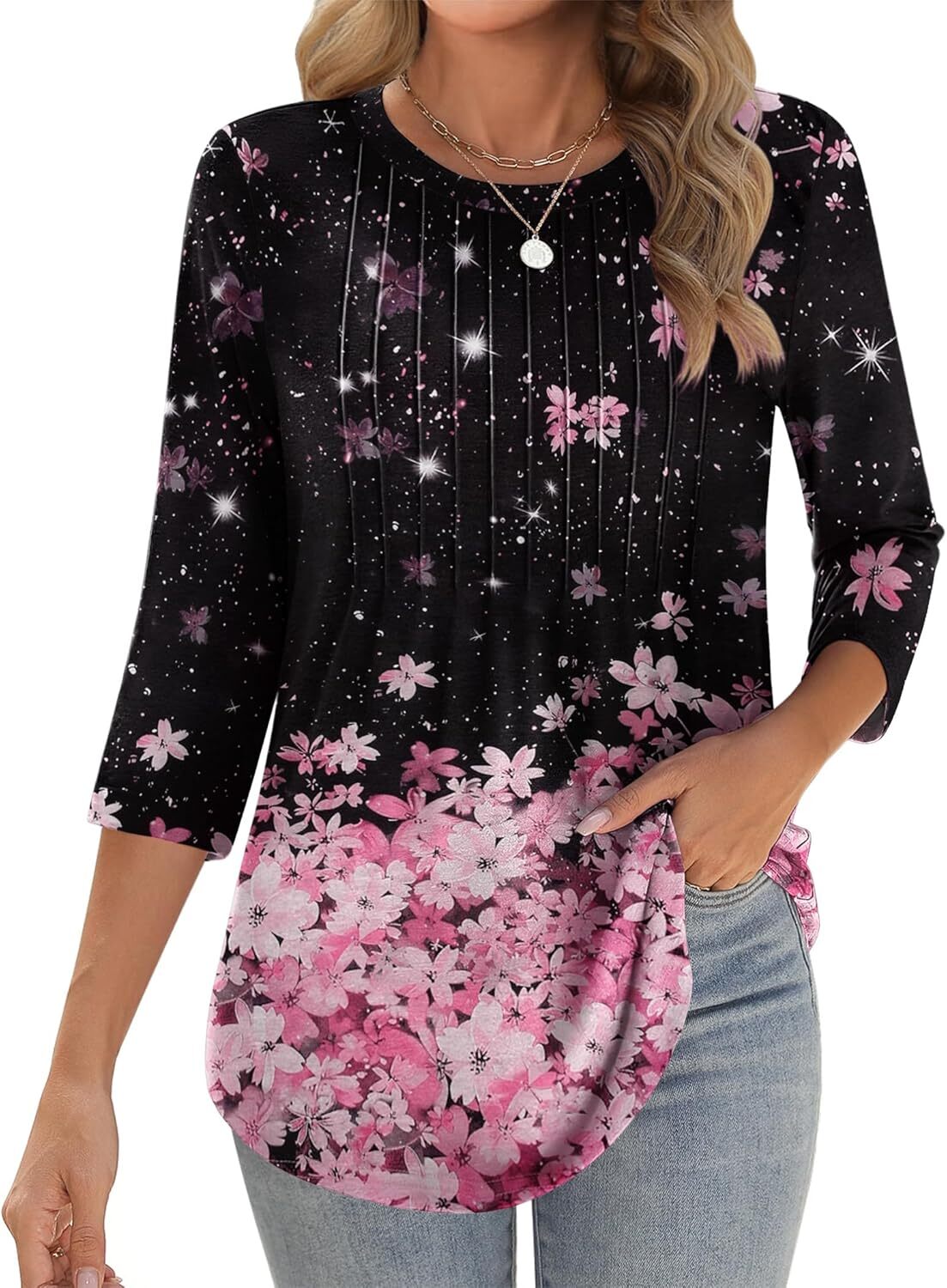 Womens 3/4 Sleeve Tunic Top Loose Fit Pleated Crew Neck Summer Casual Blouse