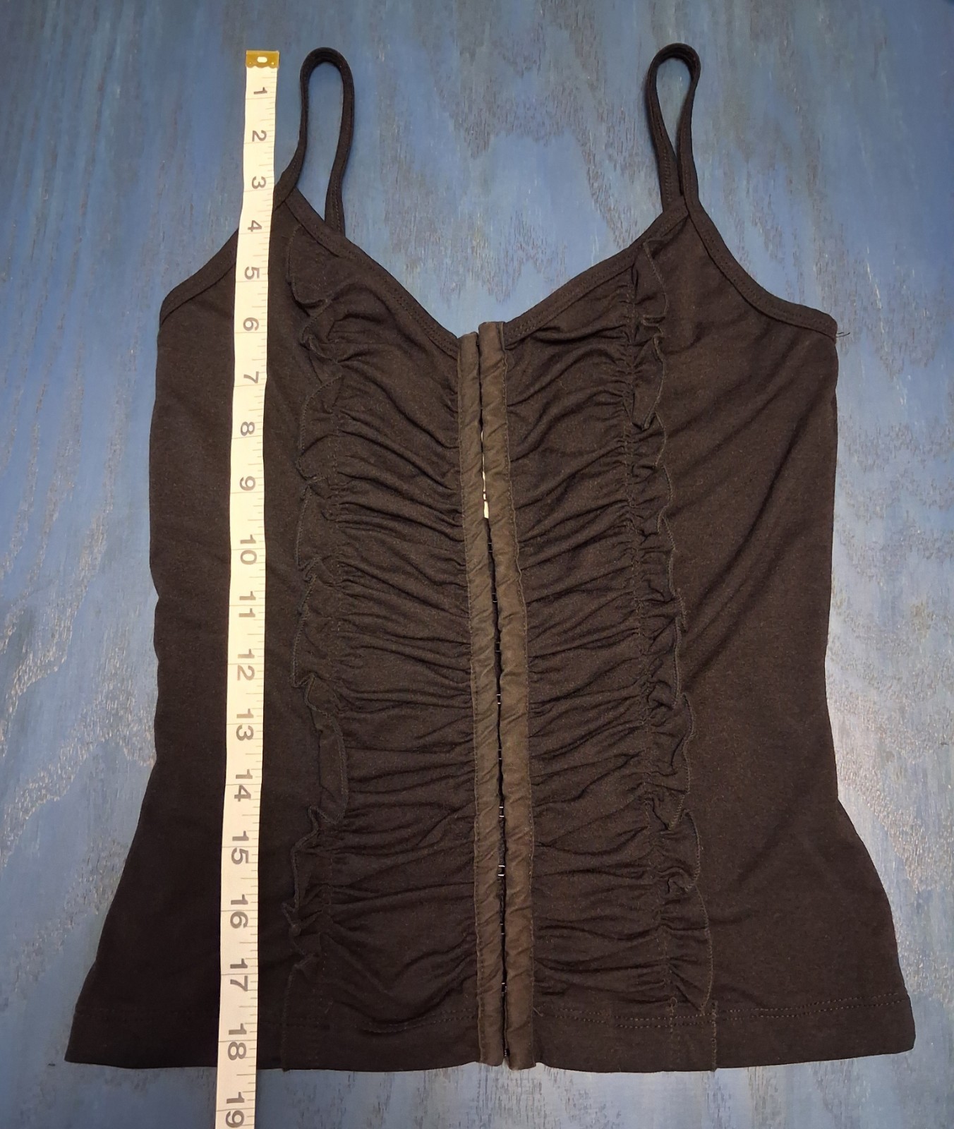 Vtg Y2K XOXO Black Corset Tank Top M Ruched Hook & Eye Ruffle Cami Whimsygoth