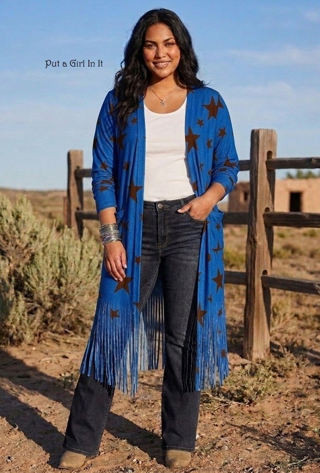 New Boho Plus Size Women’s Blue Stars Fringe Kimono Cardigan Duster XL 1X 2X 3X