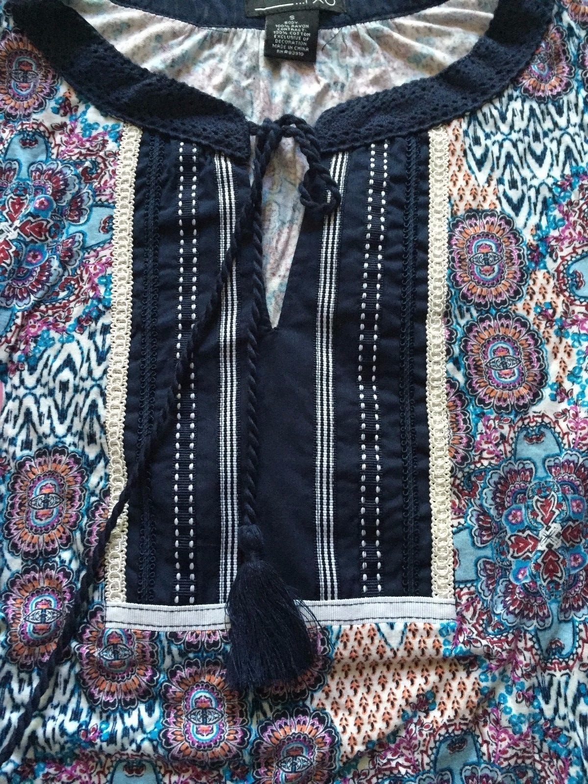 NWOT Womens RXB Printed Sleeveless Blue Mila Patchwork Tunic Shirt Blouse Sz S