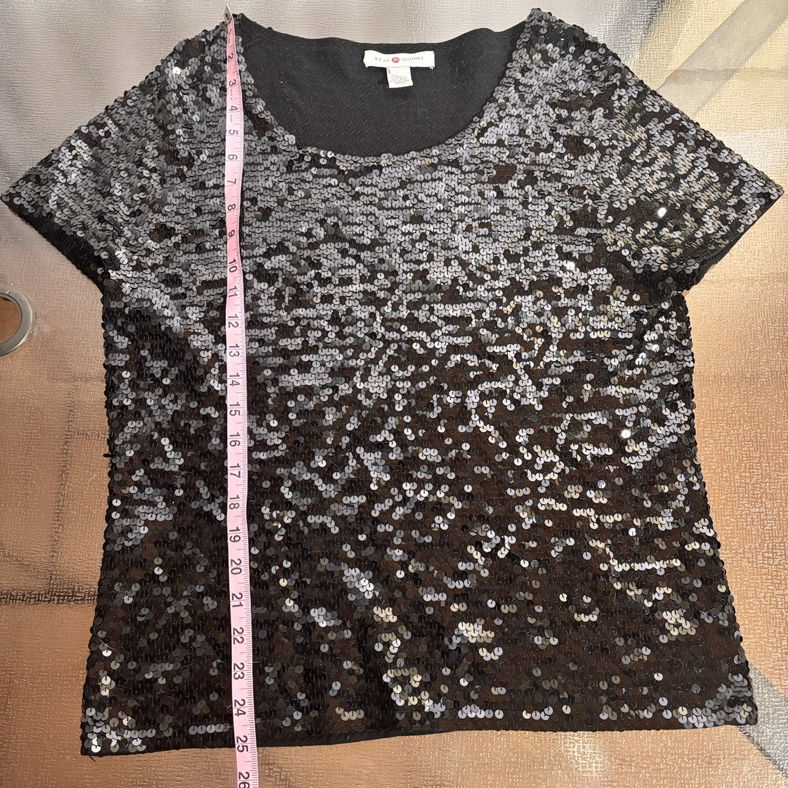 Silk Sequin Top Womens Large Going Out Blouse Evening Glam Cocktail Party Black