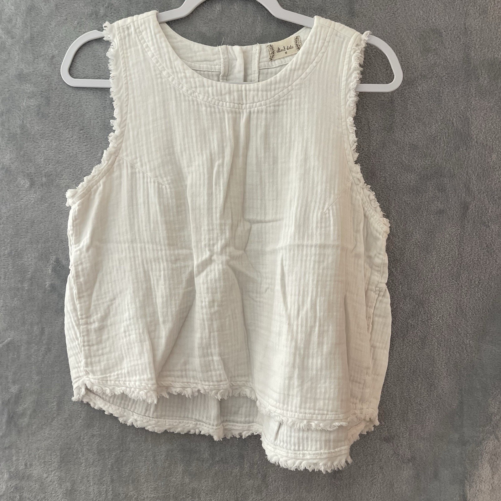 Altar’d State Sleeveless White Tank Shirt Frayed Raw Edge, Buttons,Size M, Boho