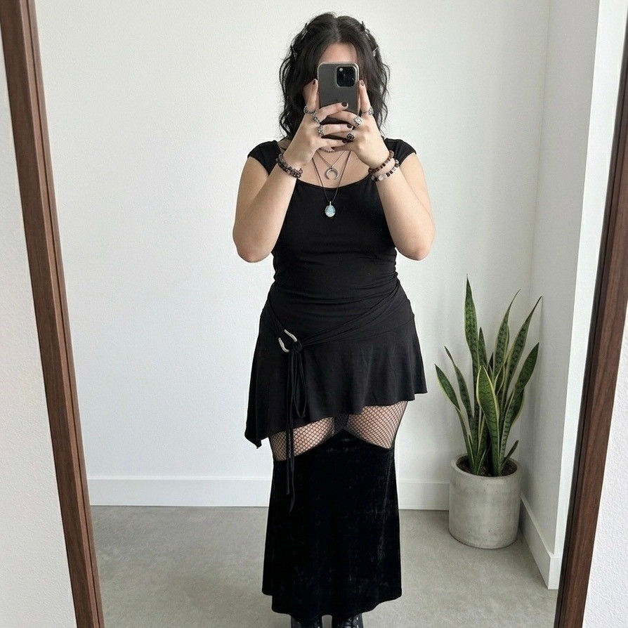 Black Asymmetrical Ruffle Tunic Dress Cap Sleeve Goth Y2K XL Festival