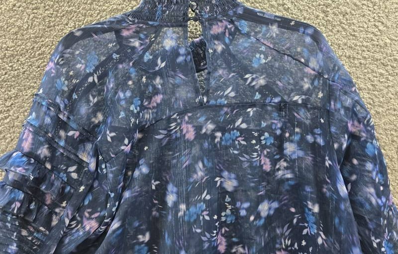 French Connection Smocked Anifrida Arica Pleat-Sleeve Top Women’s L Blue Depth