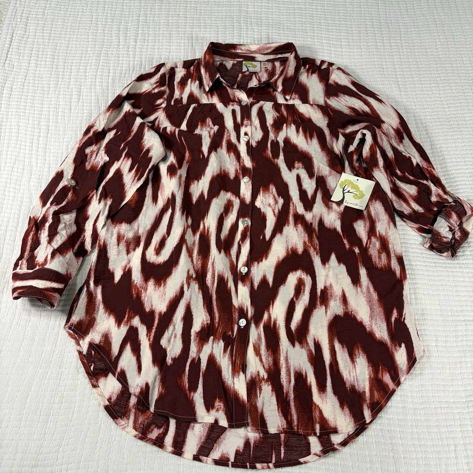 Fig And Flower Peasant Blouse Womens Medium Geometric Button Front Boho Relaxed