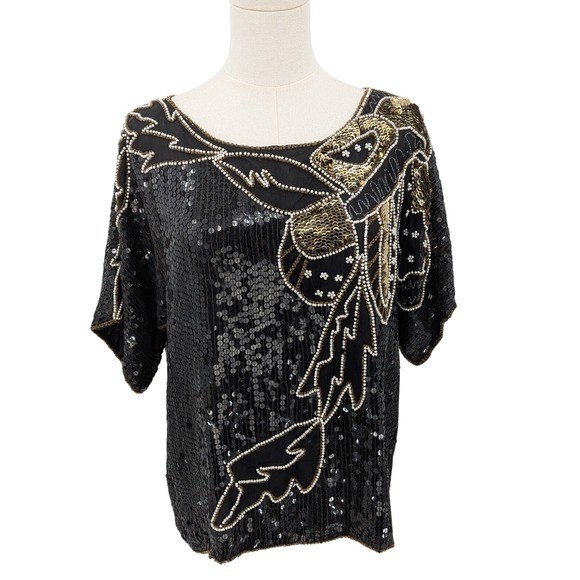Vintage Joseph Le Bon Black Sequin & Beaded Silk Top (80s/90s) Party Cocktail