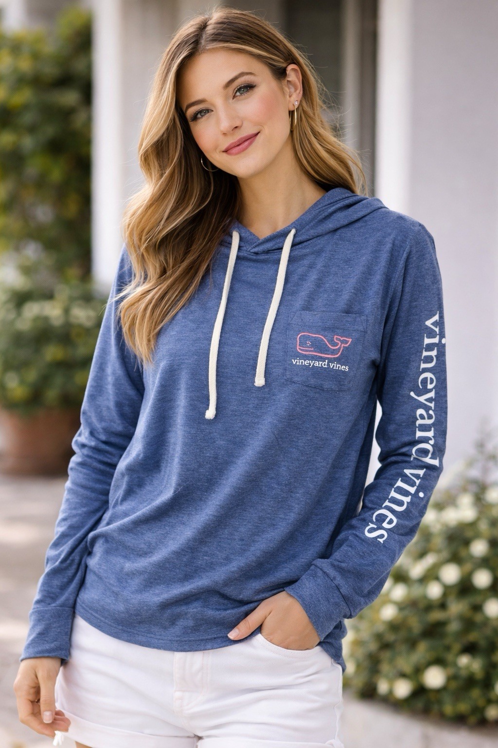 Vineyard Vines Edgartown Hoodie Shirt Women XXS Blue Whale Logo Pocket Lg Sleeve