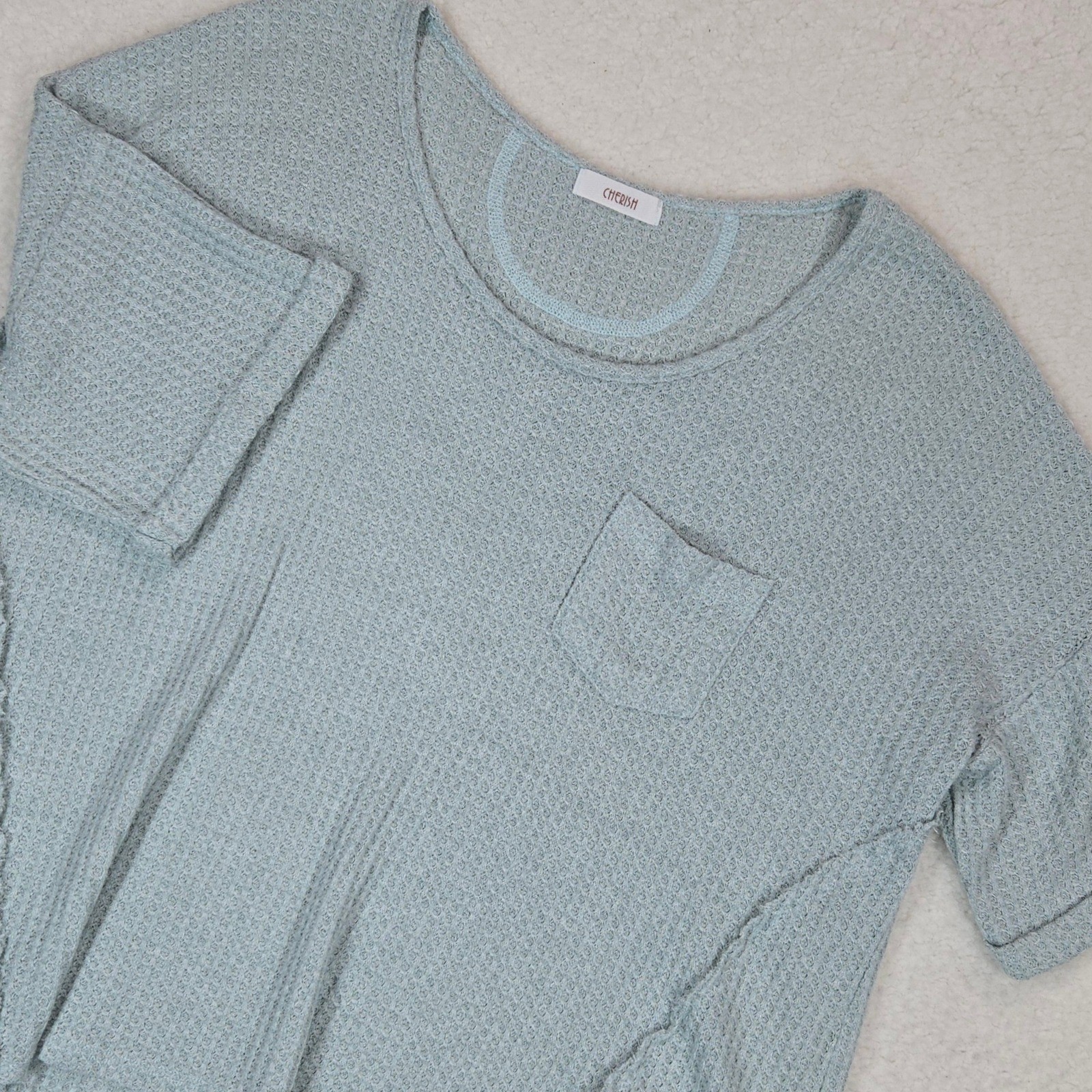 Cherish Waffle Knit Top Womens Small Blue Short Sleeve Pocket High Low Relaxed