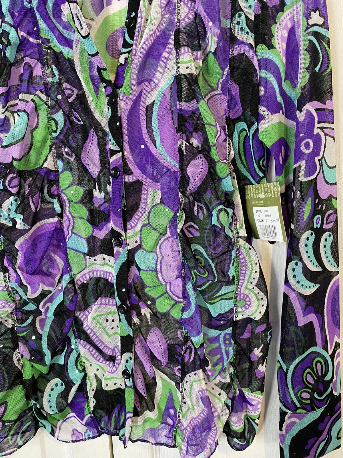 Erin London sheer size small long sleeve shirt ruched new purple green black