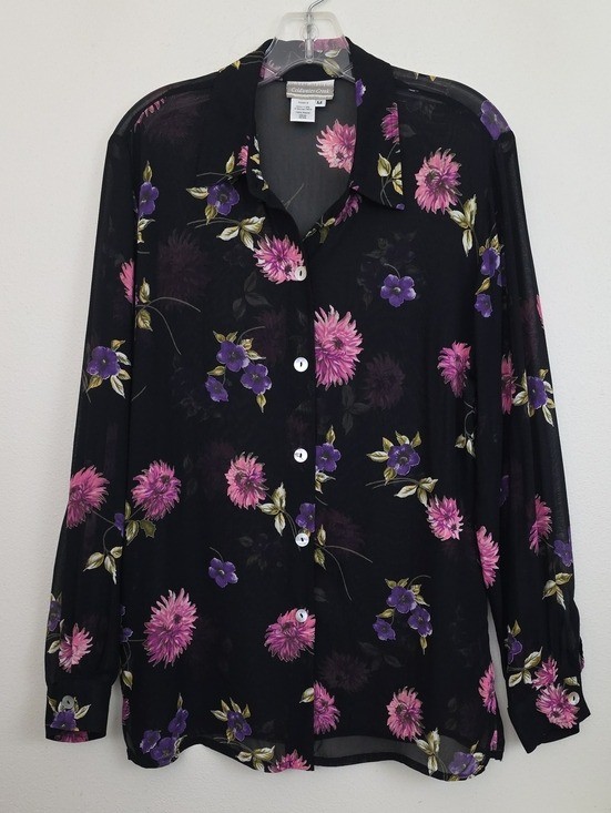 Coldwater Creek Black Pink Purple Green Sheer Floral Long Sleeve Blouse M